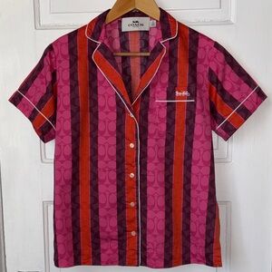 COACH SIGNATURE STRIPED SHORT SLEEVE BUTTON DOWN PAJAMA TOP
